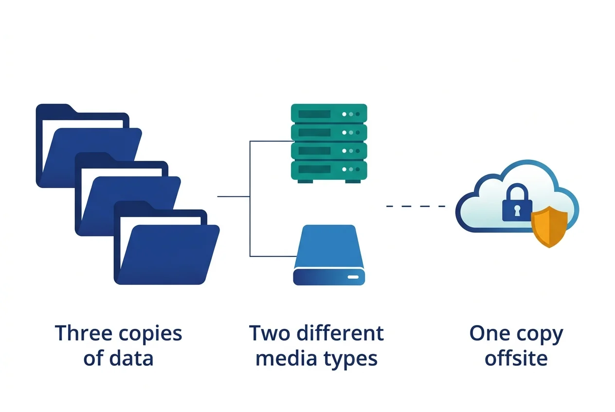 Infographie représentant la règle de sauvegarde 3-2-1 avec trois copies, deux supports différents et une version isolée dans un coffre-fort cloud