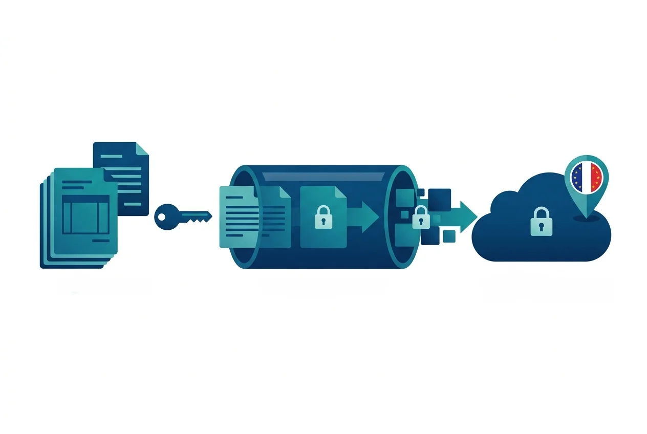 Schéma des écritures comptables chiffrées de bout en bout avant leur stockage dans un coffre cloud souverain français dont le cabinet détient seul la clé