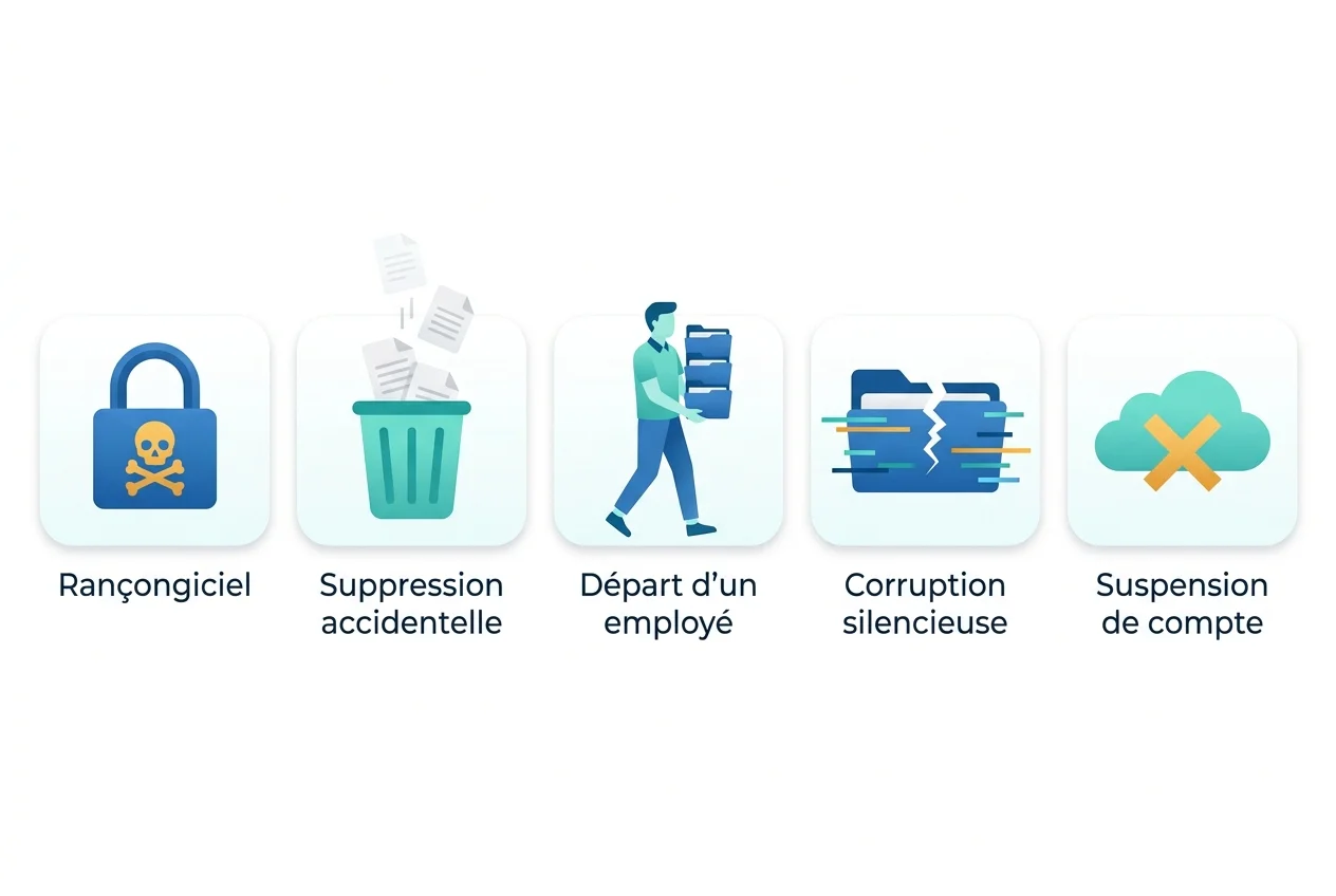 Cinq icônes de risques pour les données cloud : ransomware, suppression accidentelle, départ employé, corruption silencieuse et suspension de compte