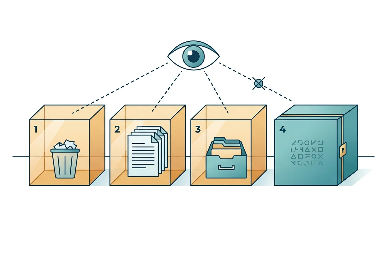 Illustration représentant des mécanismes de protection cloud apparents (corbeille, historique de versions, coffre d'archivage) qui laissent visibles les données en clair auprès du prestataire.