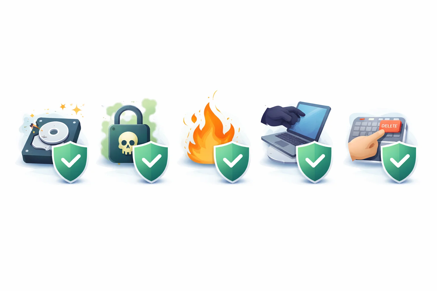 Cinq menaces courantes pour les données d'entreprise — panne matérielle, ransomware, incendie, vol et suppression accidentelle — chacune contrée par la règle 3-2-1-1-0