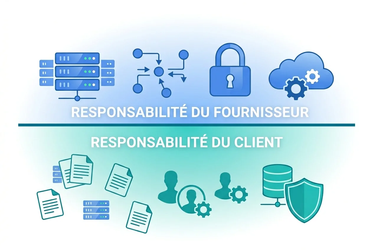 Schéma du modèle de responsabilité partagée : infrastructure protégée par Google d'un côté, données exposées côté entreprise de l'autre