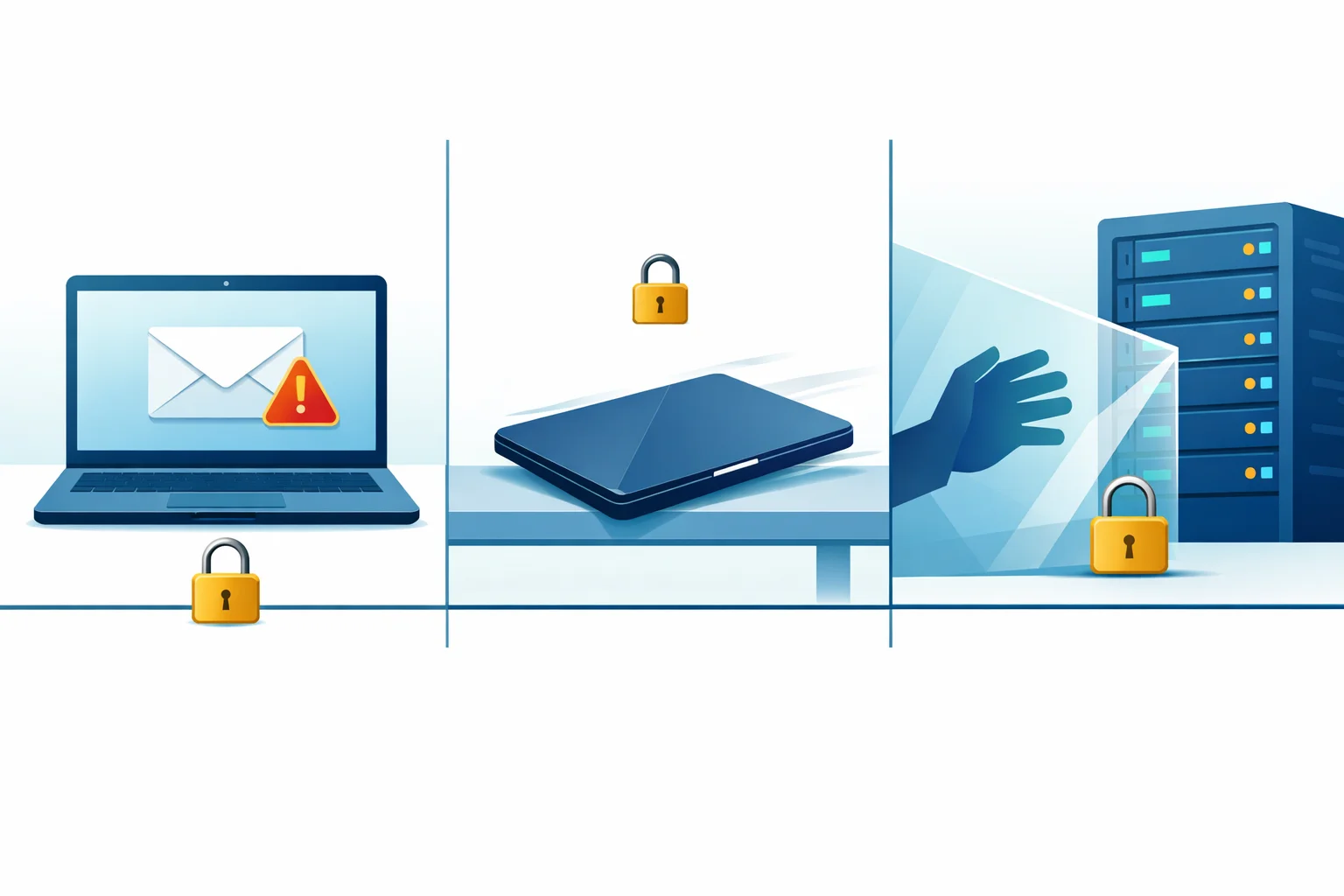 Illustration représentant trois menaces typiques d'une PME (phishing reçu par un stagiaire, vol d'un ordinateur portable, intrusion administrateur) neutralisées par une barrière cryptographique figurant le Zero-Knowledge.