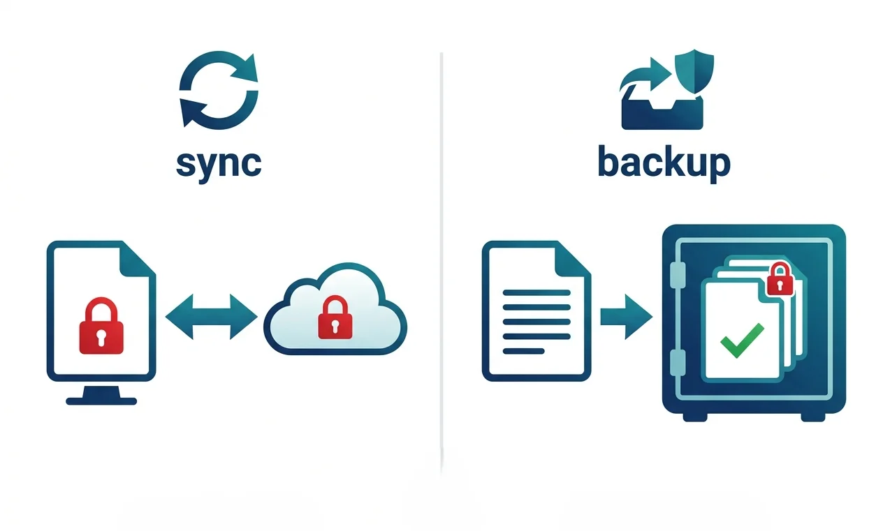 Schéma comparant la synchronisation cloud, qui réplique un fichier chiffré par un rançongiciel, à une sauvegarde isolée conservant une version saine antérieure