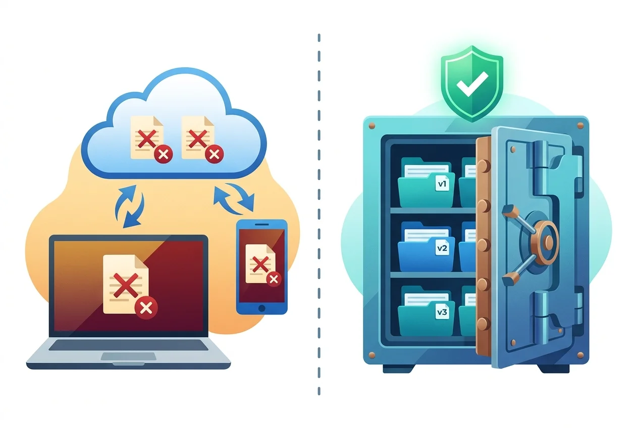 Comparaison entre la synchronisation cloud qui propage les suppressions comme un miroir et la vraie sauvegarde qui conserve les données dans un coffre versionné